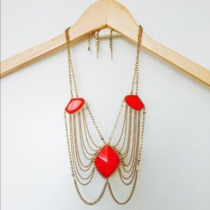 CORE Gold Tone Red Accent Draped Rhinestone Chandelier Necklace Set Festival NWT